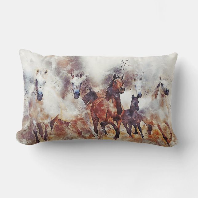 Wild Horses Watercolor Artwork Lumbar Cushion (Front)