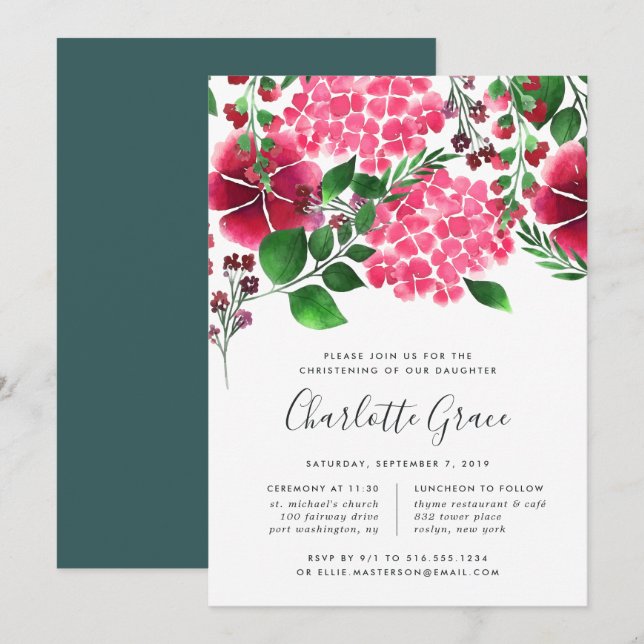 Wild Hydrangea Christening or Baptism Invitation (Front/Back)