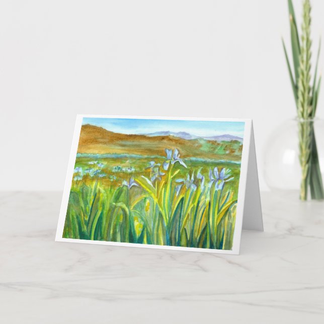 Wild Iris Flower Meadow Watercolor Happy Birthday Card (Front)