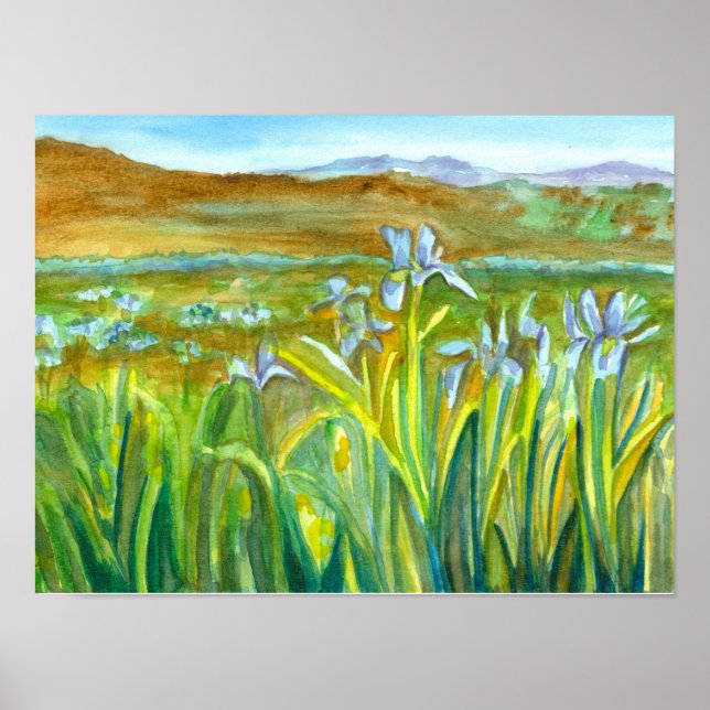 Wild Iris Wildflower Meadow Watercolor Painting Poster (Front)