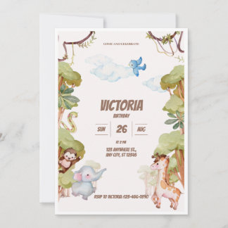 Wild Jungle Adventure Green Watercolor Birthday Invitation