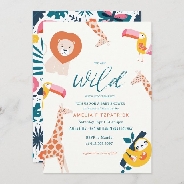 Wild Jungle Animal Baby Shower | White Invitation (Front/Back)