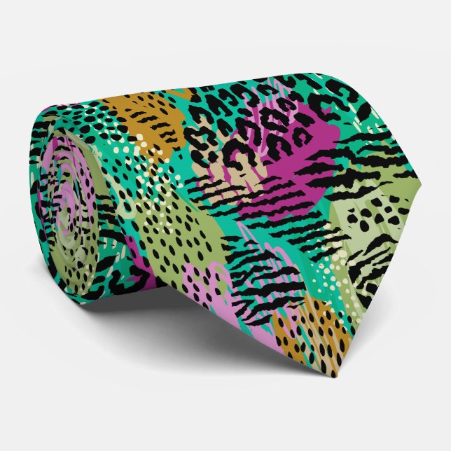 Wild Jungle Animal Print on Bright Abstract Colour Tie (Rolled)