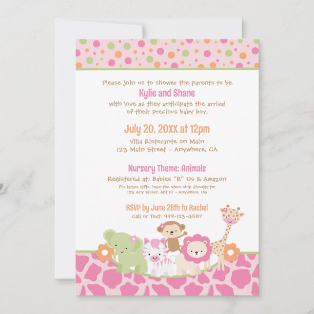 Wild Jungle Animals Baby Girl Shower Invitation (Front)