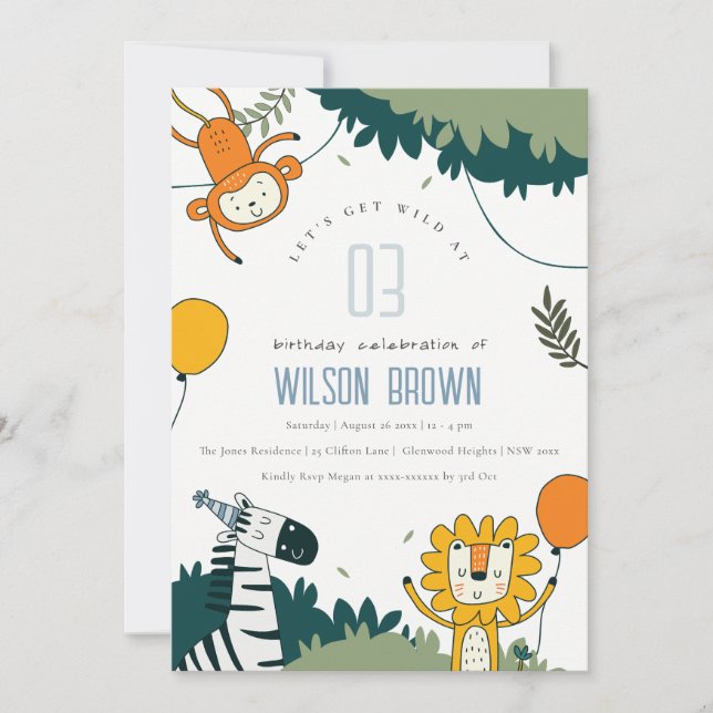 Wild Jungle Animals Kids Any Age Birthday Invite (Front)