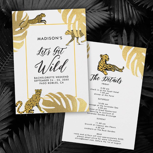 Wild Jungle Cheetah Gold Bachelorette Itinerary Invitation (lets get wild safari jungle bachelorette itinerary invitation cheetah frame gold leaf elegant modern)