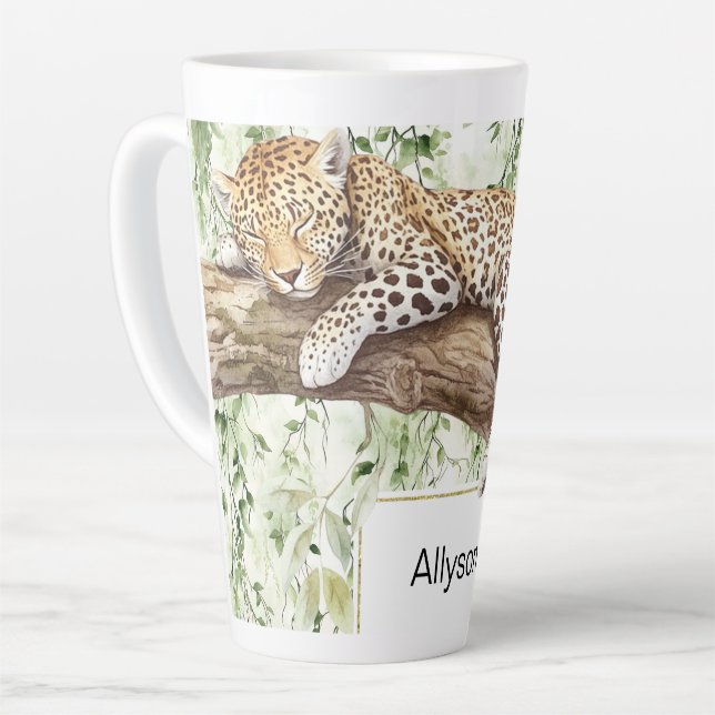Wild Jungle Green Ivy Leopard Birthday Latte Mug (Left Angle)
