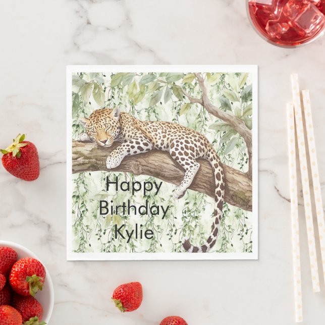 Wild Jungle Green Ivy Leopard Birthday Napkin (Insitu)