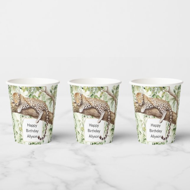 Wild Jungle Green Ivy Leopard Birthday Paper Cups (Multi)