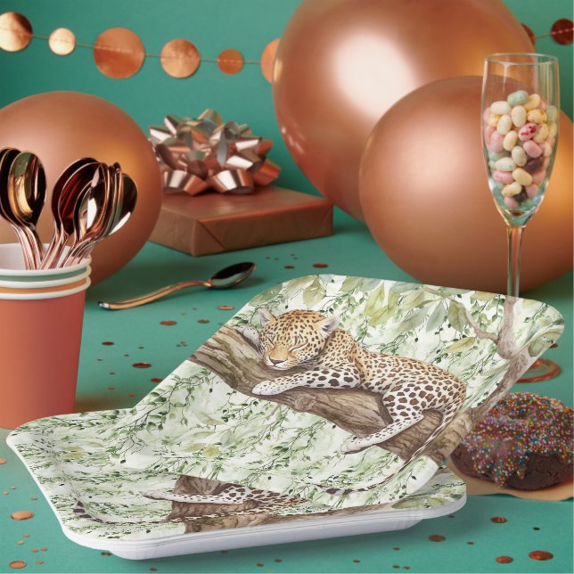 Wild Jungle Green Ivy Leopard Birthday Paper Plate (Multi)
