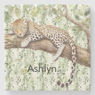 Wild Jungle Green Ivy Leopard Birthday Stone Coaster