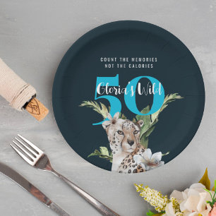 Wild Jungle Leopard Blue 50th Birthday Funny Paper Plate