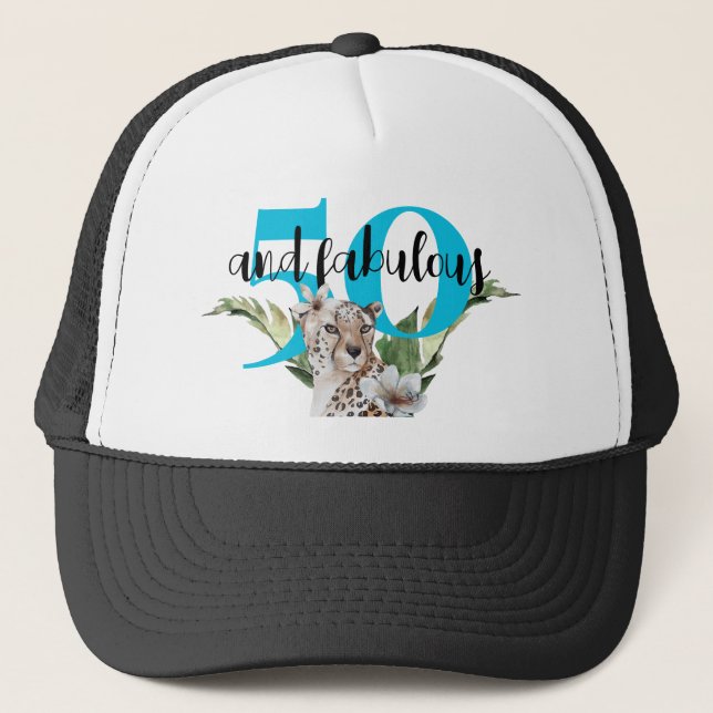 Wild Jungle Leopard Blue 50th Birthday Trucker Hat (Front)