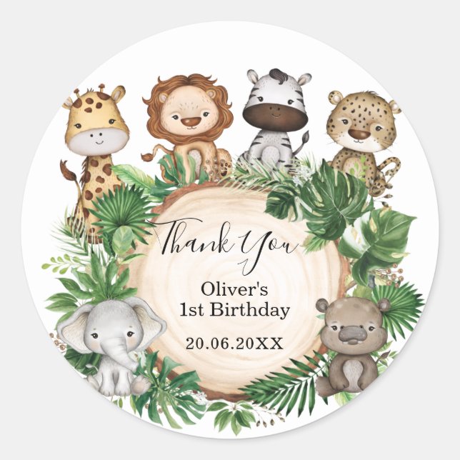 Wild Jungle Party Animals Tropical Safari Birthday Classic Round Sticker (Front)