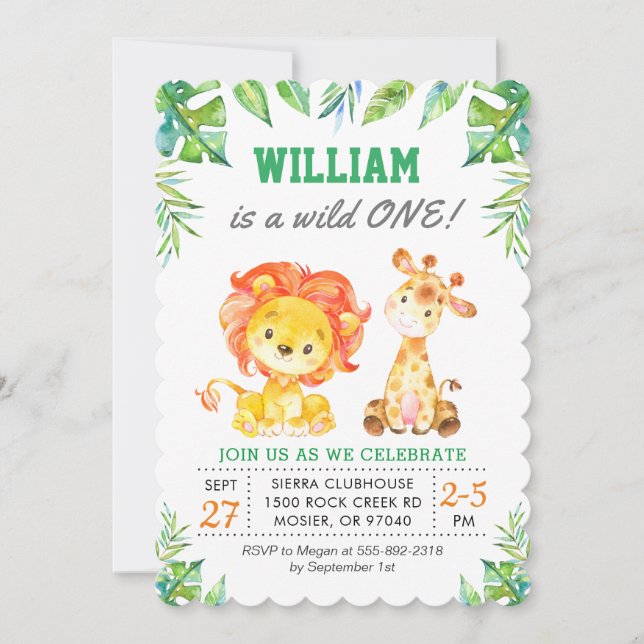 Wild Jungle Safari 1st Boy First Birthday Party Invitation (Front)