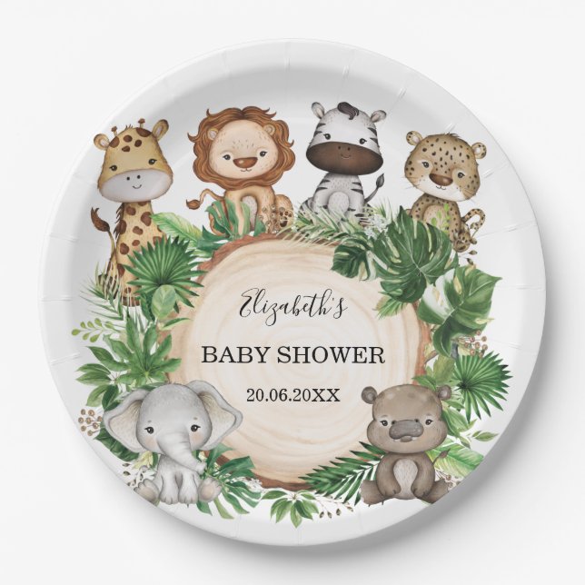 Wild Jungle Safari Animals 1st Birthday Party Paper Plate (Front)