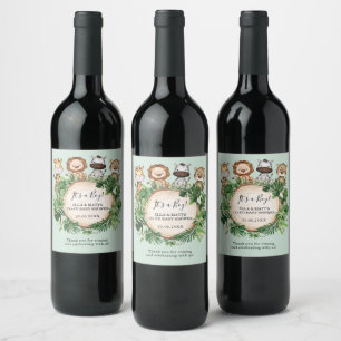Wild Jungle Safari Animals Greenery Baby Shower Wine Label