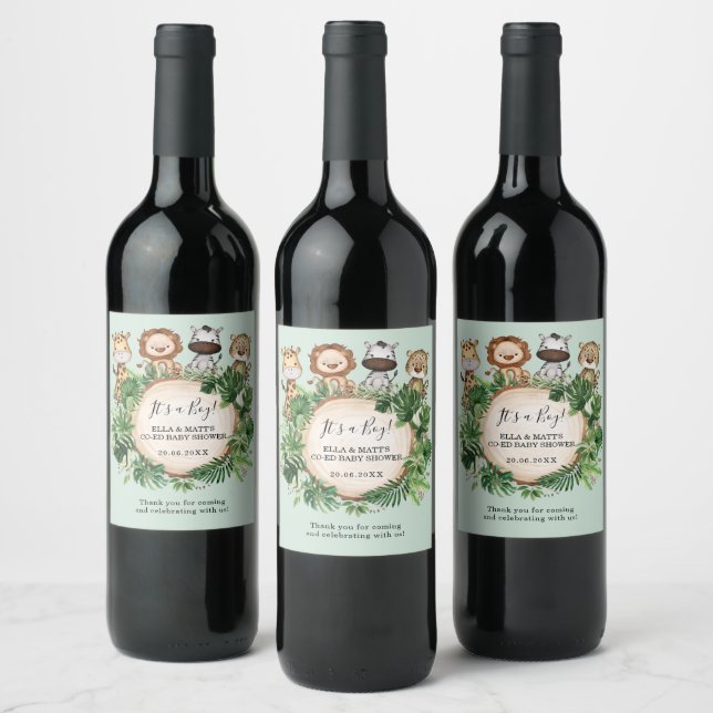 Wild Jungle Safari Animals Greenery Baby Shower Wine Label (Bottles)