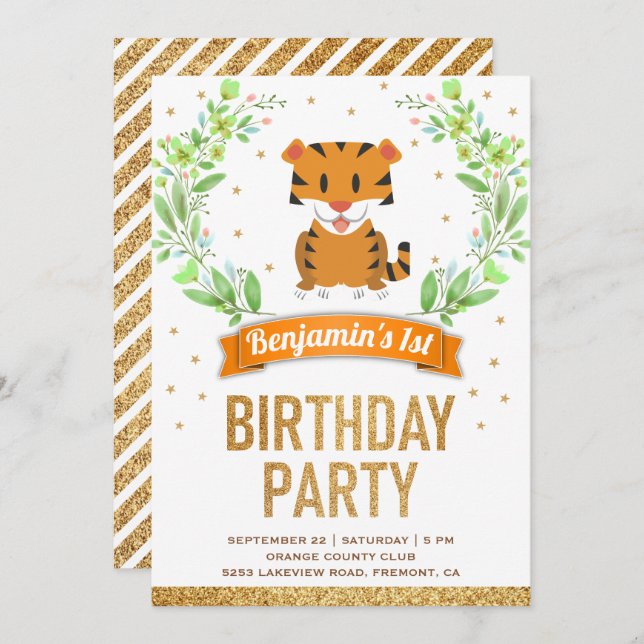 Wild Jungle Safari Cute Baby Tiger Birthday Party Invitation (Front/Back)