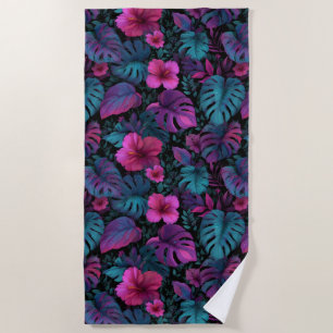 "Wild Jungle" Seamless Pattern with Neon Hibiscus Beach Towel