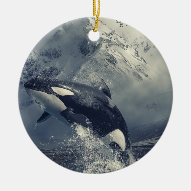 Wild Killer Whale Jumping Ceramic Tree Decoration (Front)