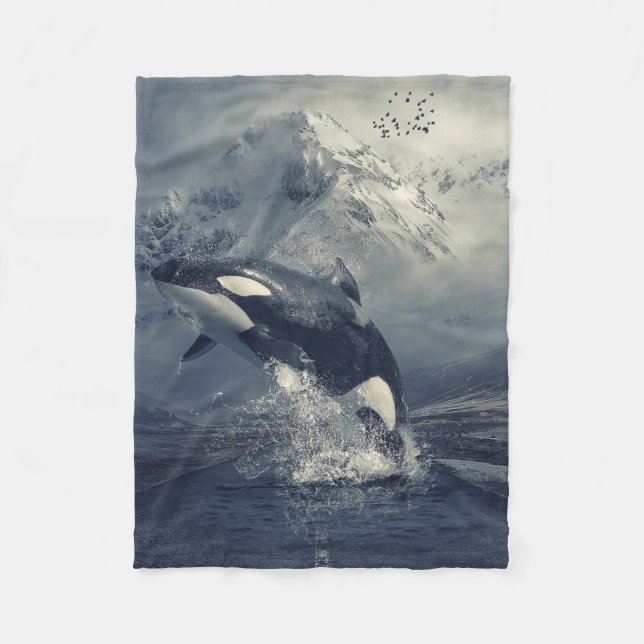 Wild Killer Whale Jumping Fleece Blanket (Front)