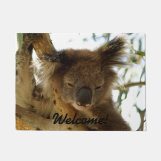 Wild koala sleeping on eucalyptus tree, Photo Doormat