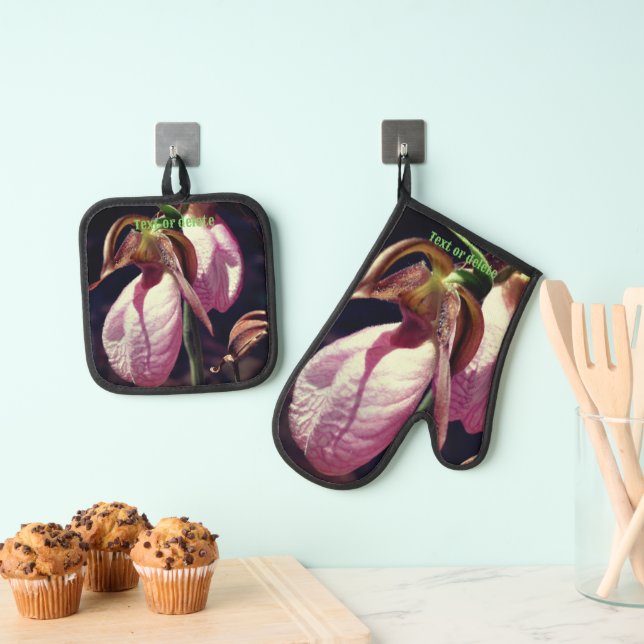 Wild Lady Slipper Orchid Flowers Personalised Oven Mitt & Pot Holder Set (Insitu(Hanging))
