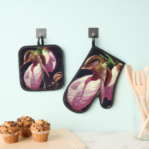 Wild Lady Slipper Orchid Flowers Personalized Oven Mitt & Pot Holder Set