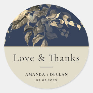 Wild Leaves Navy Blue Floral Wedding Classic Round Sticker