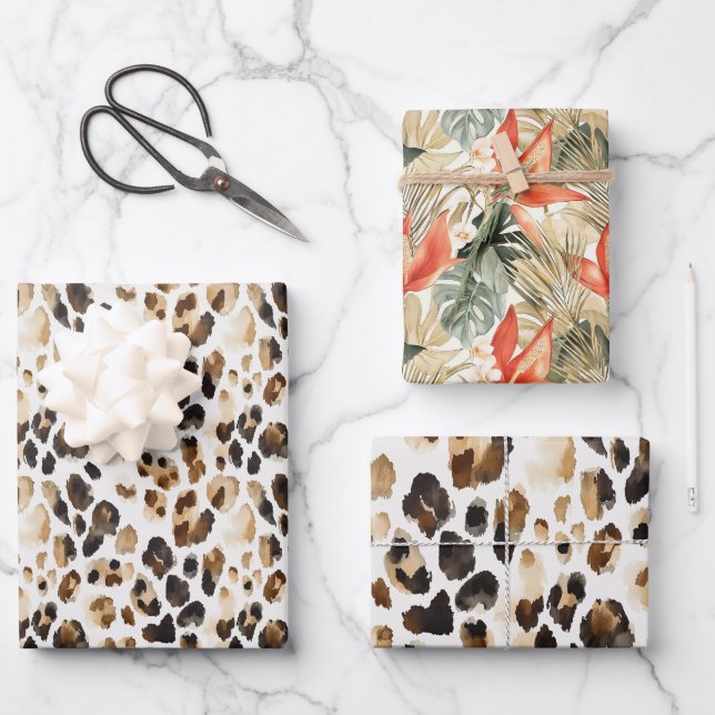 Wild Leopard Animal Floral Jungle Birthday Wrapping Paper Sheet (Front)