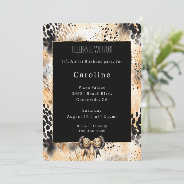 Wild Leopard Bow Animal Print Birthday   Invitation (Standing Front)