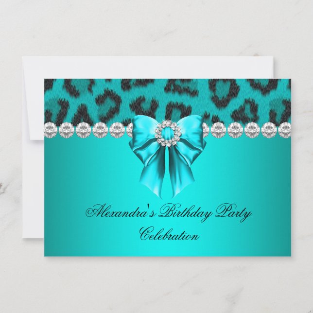 Wild Leopard Teal Bow Diamonds Birthday party Invitation (Front)