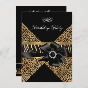 Wild Leopard Zebra Black Bow Gold Birthday Party Invitation