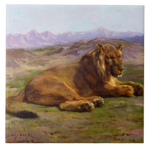 Wild Lion in an African Safari Landscape Tile