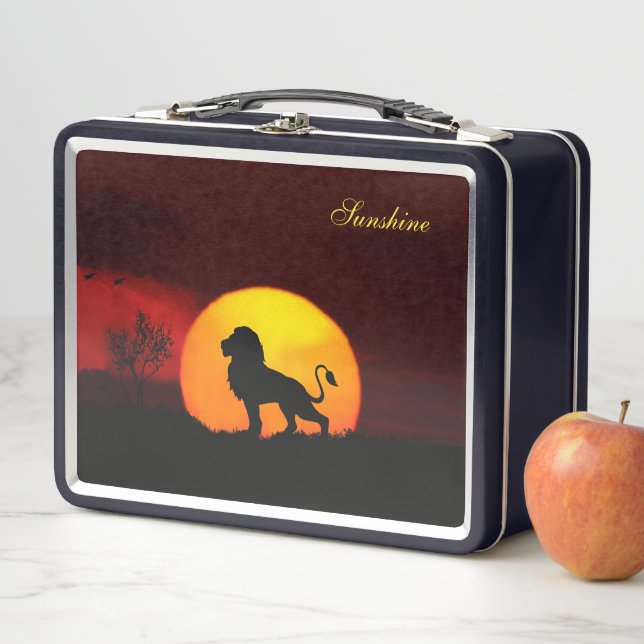 Wild lion, sunrise & calligraphy on a jungle metal lunch box (In Situ)