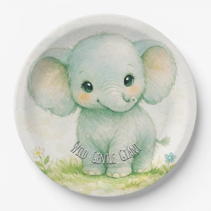 Wild Little Elephant Neutral Green Baby Shower Paper Plate
