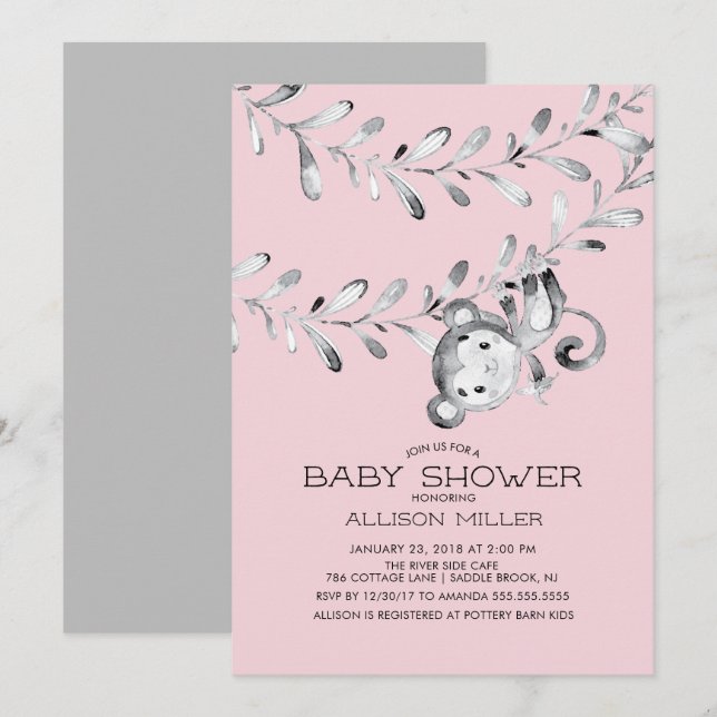 Wild Little Monkey Girls Baby Shower Invitation (Front/Back)