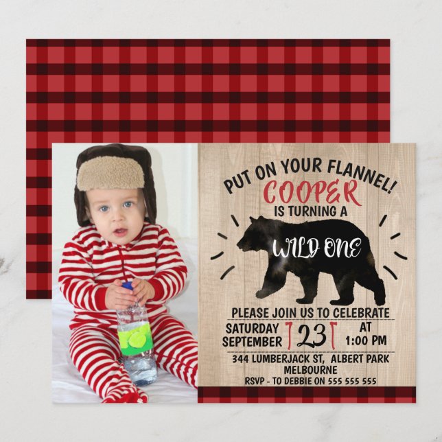 Wild Lumberjack Bear 1st Birthday Invitation (Front/Back)