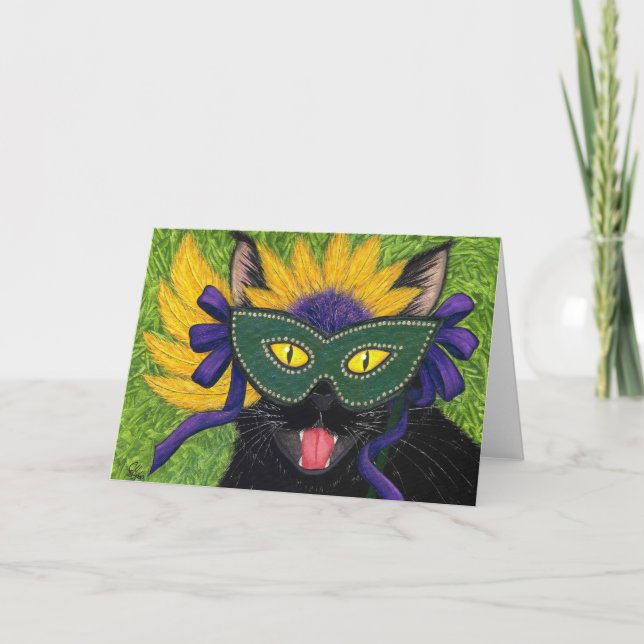 Wild Mardi Gras Cat Party New Orleans Mask Art Car Card (Front)