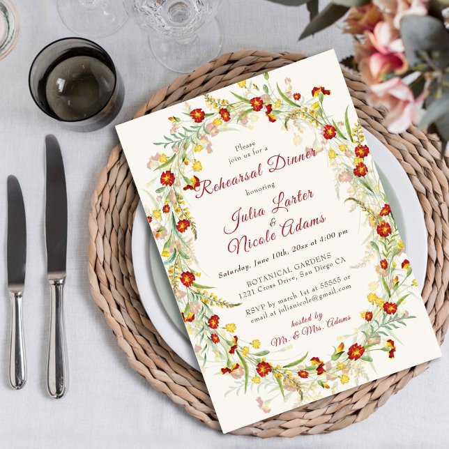 Wild Marigold Flowers Foliage Rehearsal Dinner Invitation (Creator Uploaded)