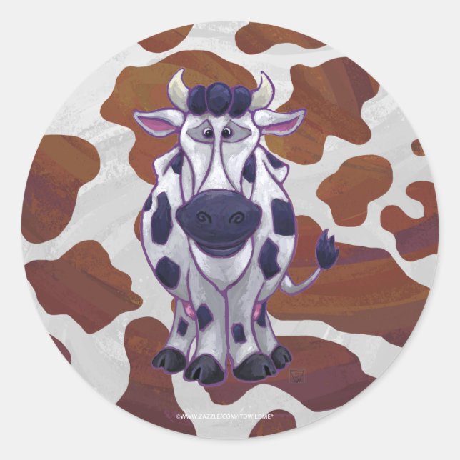 Wild me Cow Brown and White Print Classic Round Sticker (Front)