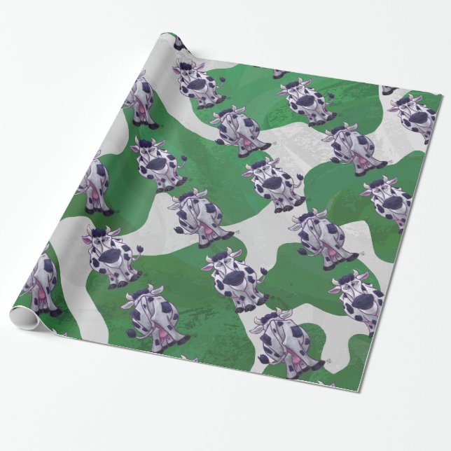 Wild Me Cow Green and White Print Wrapping Paper (Unrolled)