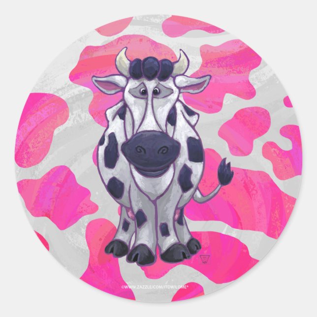 Wild Me Cow Pink and White Classic Round Sticker (Front)
