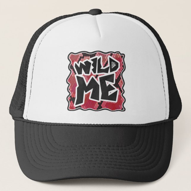 Wild Me Snake Black and Red Print Trucker Hat (Front)