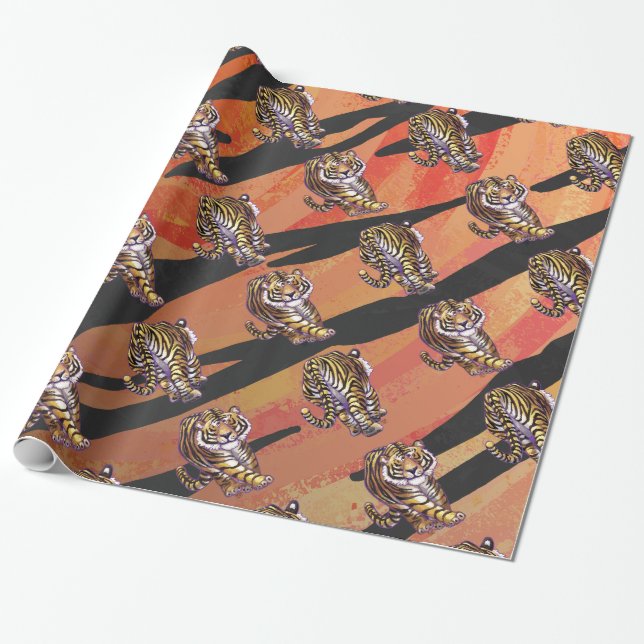 Wild Me Tiger Hot orange and Black Print Wrapping Paper (Unrolled)