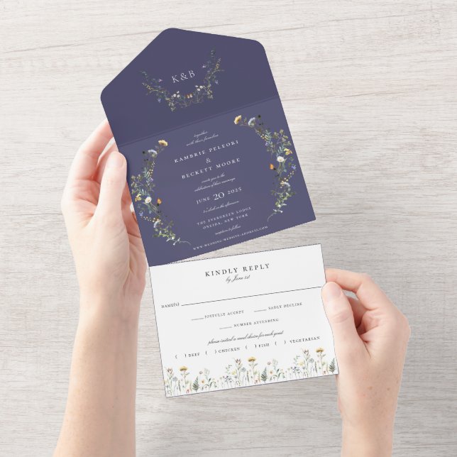 Wild Meadow Floral Wedding Navy Blue All In One Invitation (Tearaway)