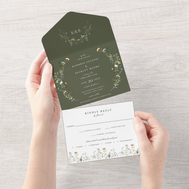 Wild Meadow Floral Wedding Olive Green All In One Invitation (Tearaway)