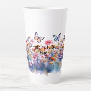 Wild Meadow Flowers with butterflies editable name Latte Mug