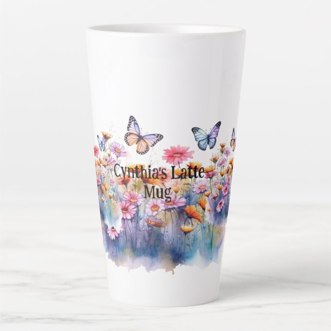 Wild Meadow Flowers with butterflies editable name Latte Mug (Front)